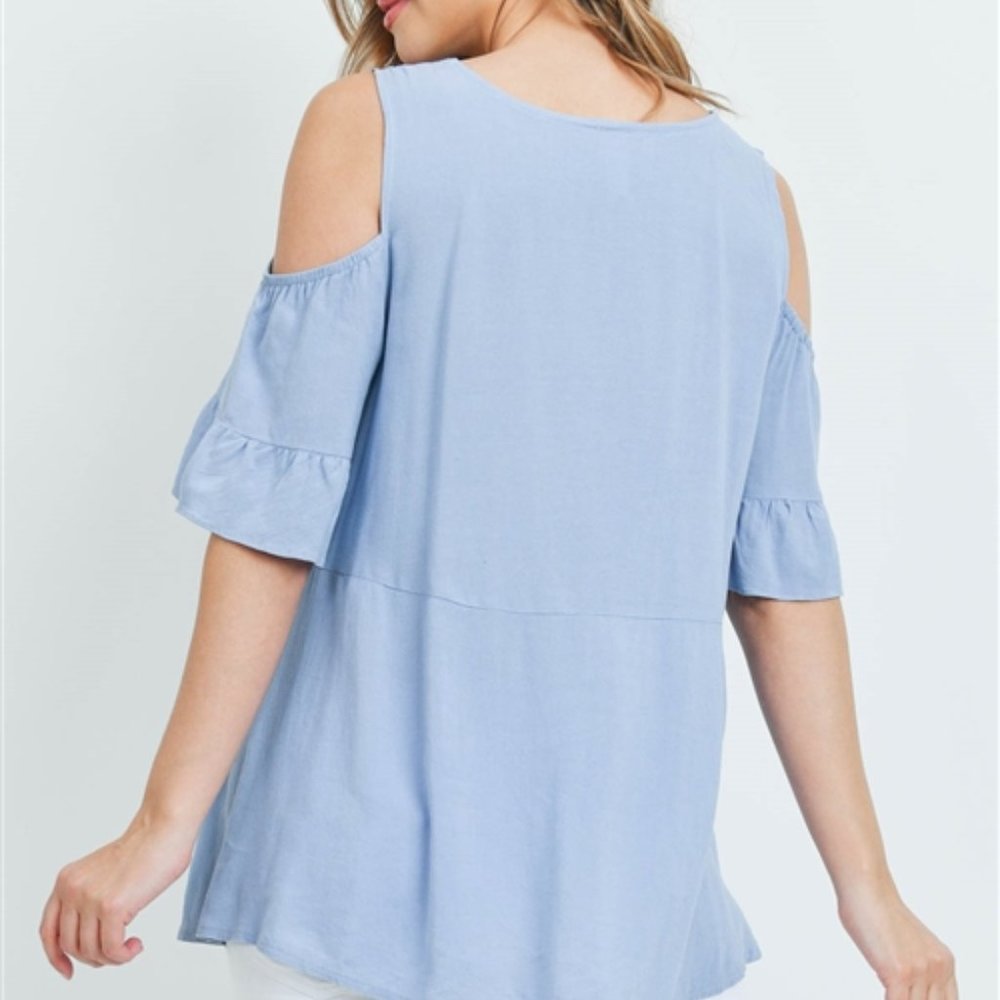 FRESH TAKE Cold Shoulder Top- Blue - Picture 2 of 5